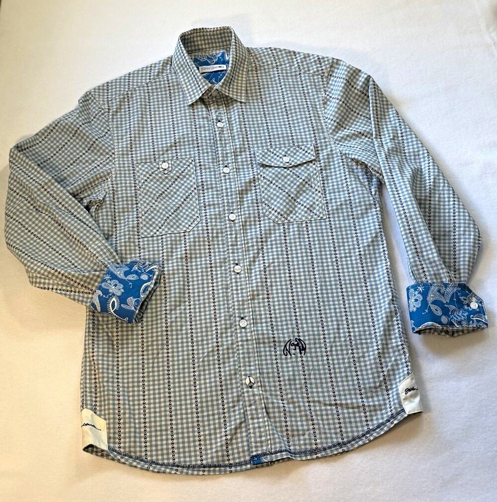 John Lennon Men’s Small Blue Gingham Shirt Paisley Flip Cuff Peace Sign Embroide